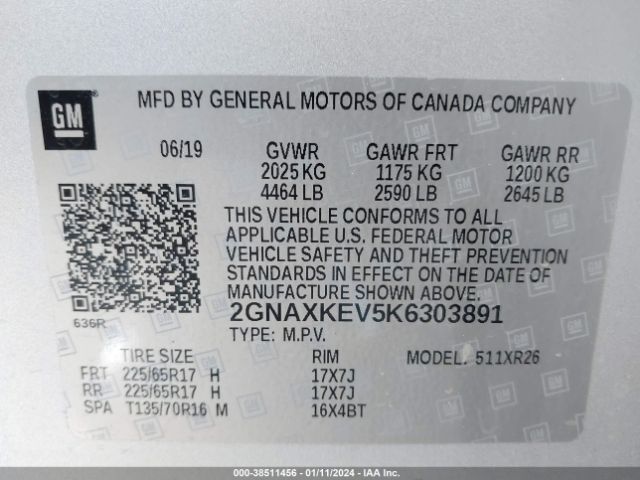 Photo 8 VIN: 2GNAXKEV5K6303891 - CHEVROLET EQUINOX 