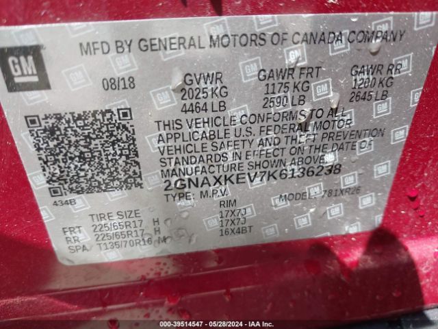 Photo 8 VIN: 2GNAXKEV7K6136238 - CHEVROLET EQUINOX 