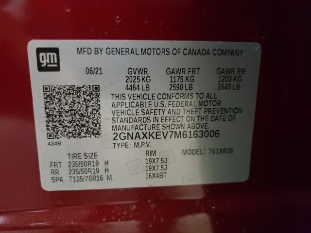 Photo 9 VIN: 2GNAXKEV7M6163006 - CHEVROLET EQUINOX LT 