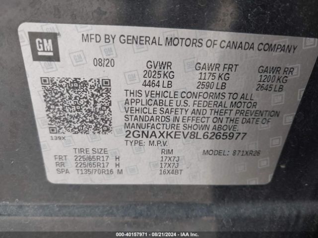 Photo 8 VIN: 2GNAXKEV8L6265977 - CHEVROLET EQUINOX 