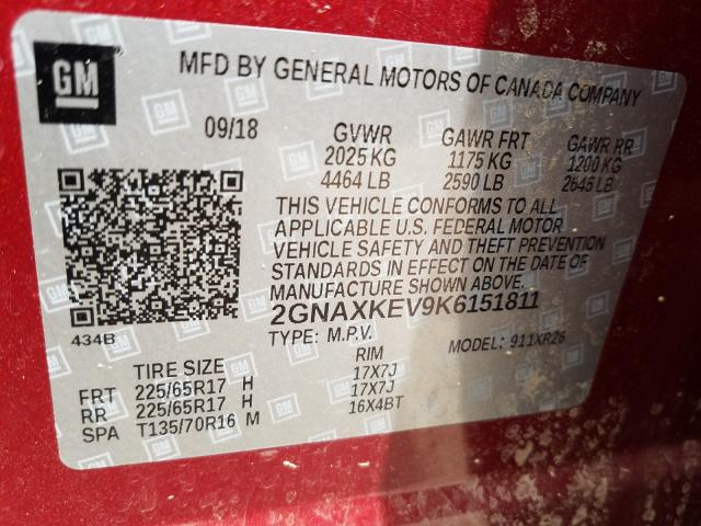 Photo 9 VIN: 2GNAXKEV9K6151811 - CHEVROLET EQUINOX LT 