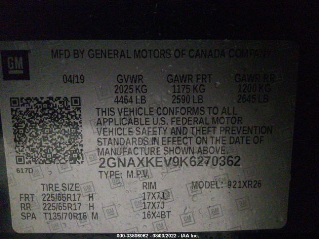 Photo 8 VIN: 2GNAXKEV9K6270362 - CHEVROLET EQUINOX 