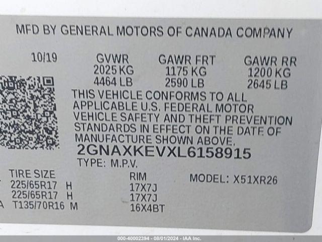 Photo 8 VIN: 2GNAXKEVXL6158915 - CHEVROLET EQUINOX 