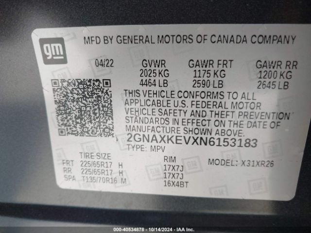 Photo 8 VIN: 2GNAXKEVXN6153183 - CHEVROLET EQUINOX 