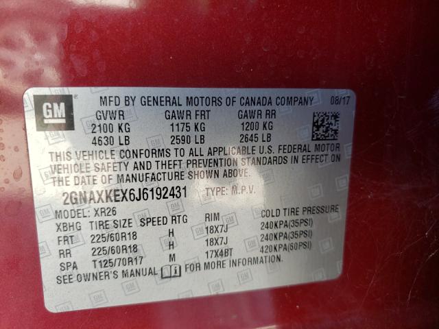 Photo 9 VIN: 2GNAXKEX6J6192431 - CHEVROLET EQUINOX LT 