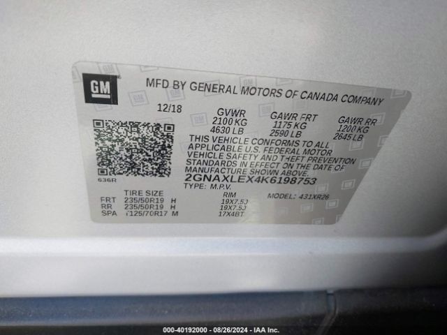 Photo 8 VIN: 2GNAXLEX4K6198753 - CHEVROLET EQUINOX 