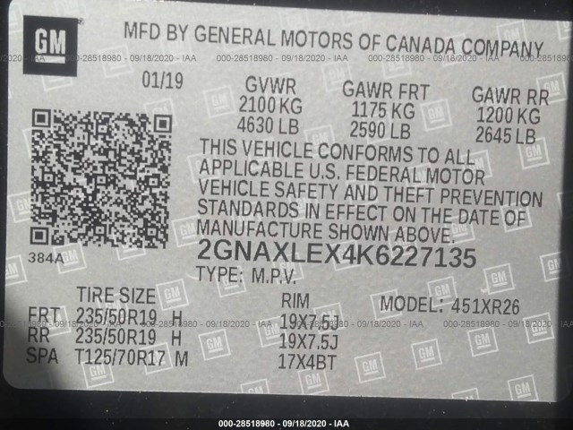 Photo 8 VIN: 2GNAXLEX4K6227135 - CHEVROLET EQUINOX 