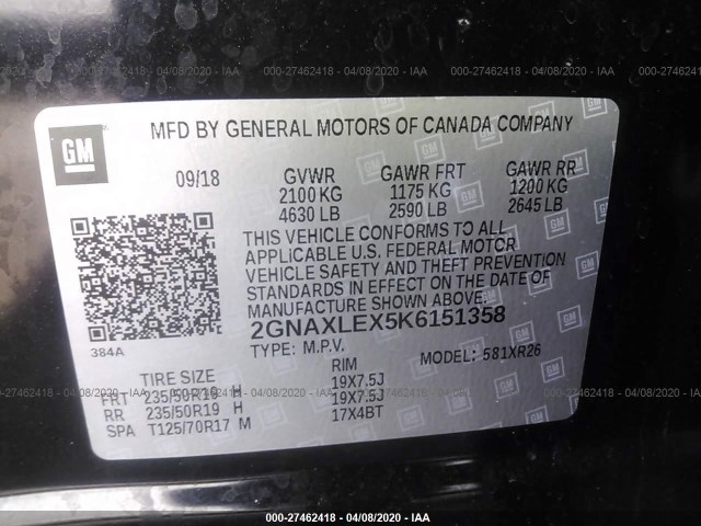 Photo 8 VIN: 2GNAXLEX5K6151358 - CHEVROLET EQUINOX 