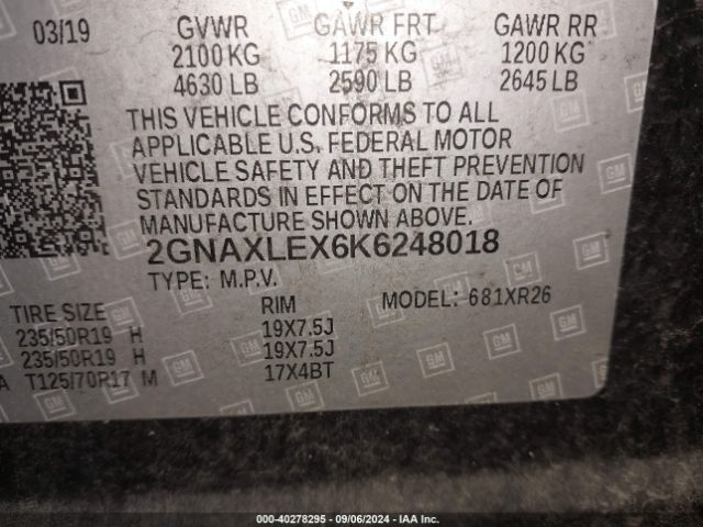 Photo 8 VIN: 2GNAXLEX6K6248018 - CHEVROLET EQUINOX 