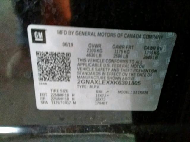 Photo 9 VIN: 2GNAXLEXXK6301805 - CHEVROLET EQUINOX LT 