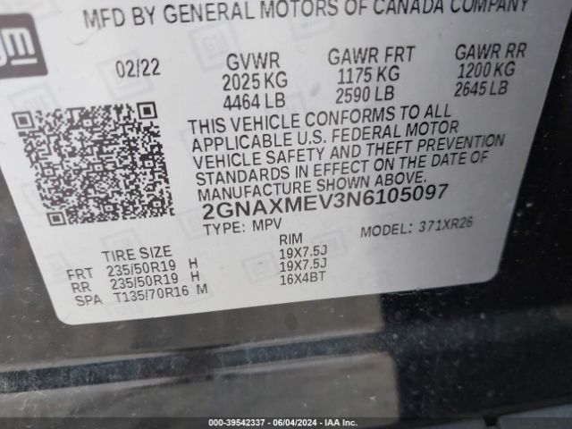 Photo 8 VIN: 2GNAXMEV3N6105097 - CHEVROLET EQUINOX 