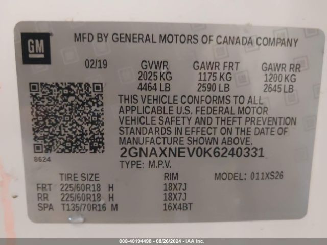 Photo 8 VIN: 2GNAXNEV0K6240331 - CHEVROLET EQUINOX 