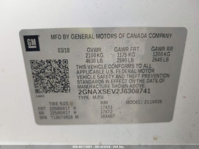 Photo 8 VIN: 2GNAXSEV2J6308741 - CHEVROLET EQUINOX 