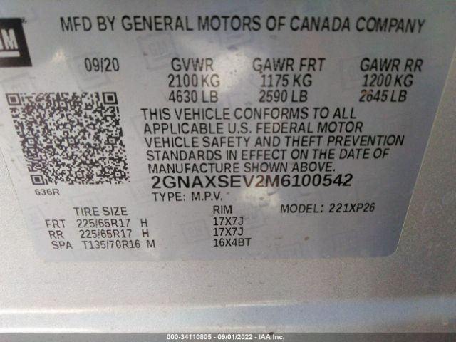 Photo 8 VIN: 2GNAXSEV2M6100542 - CHEVROLET EQUINOX 