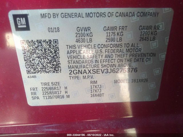 Photo 8 VIN: 2GNAXSEV3J6275376 - CHEVROLET EQUINOX 