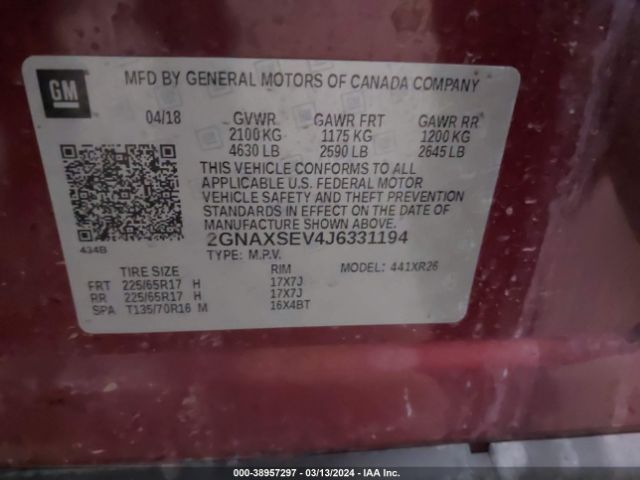 Photo 8 VIN: 2GNAXSEV4J6331194 - CHEVROLET EQUINOX 