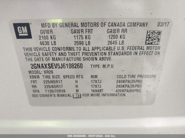 Photo 8 VIN: 2GNAXSEV5J6108260 - CHEVROLET EQUINOX 