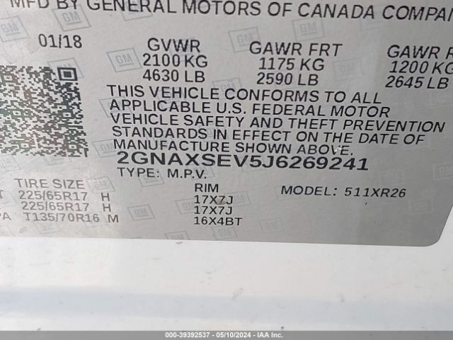 Photo 8 VIN: 2GNAXSEV5J6269241 - CHEVROLET EQUINOX 