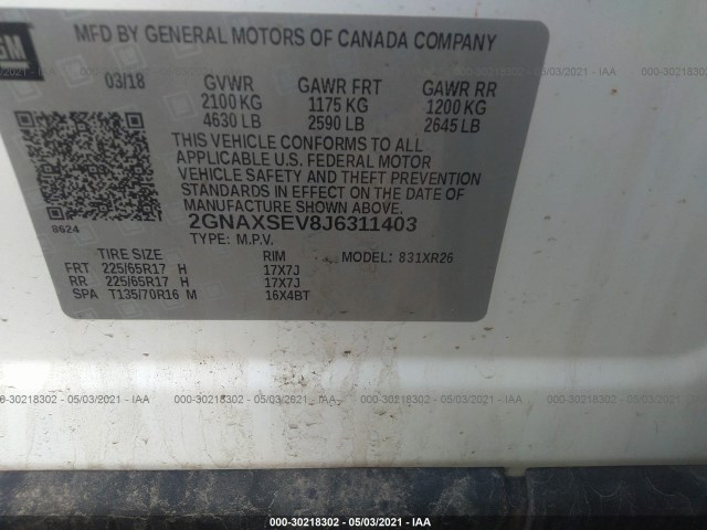 Photo 8 VIN: 2GNAXSEV8J6311403 - CHEVROLET EQUINOX 