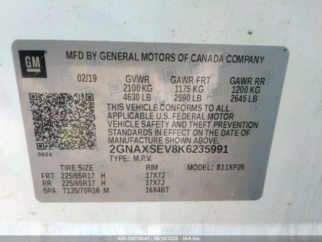 Photo 8 VIN: 2GNAXSEV8K6235991 - CHEVROLET EQUINOX 