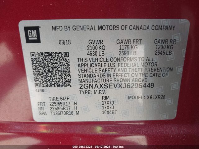 Photo 8 VIN: 2GNAXSEVXJ6296449 - CHEVROLET EQUINOX 