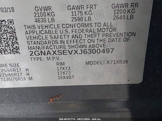 Photo 8 VIN: 2GNAXSEVXJ6300497 - CHEVROLET EQUINOX 