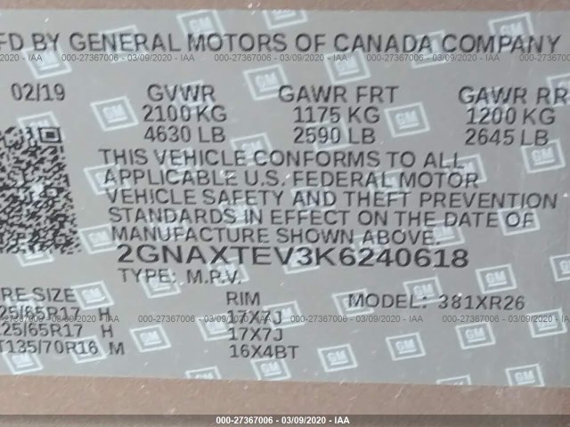 Photo 8 VIN: 2GNAXTEV3K6240618 - CHEVROLET EQUINOX 