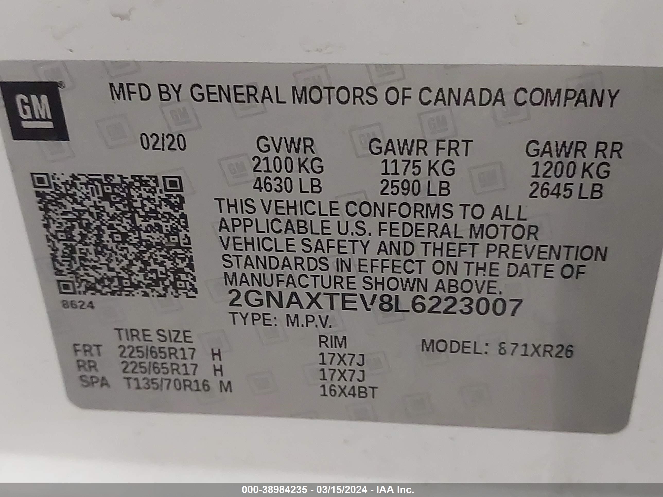 Photo 8 VIN: 2GNAXTEV8L6223007 - CHEVROLET EQUINOX 