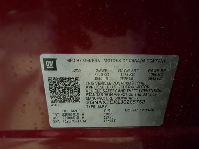 Photo 9 VIN: 2GNAXTEX1J6285752 - CHEVROLET EQUINOX LT 