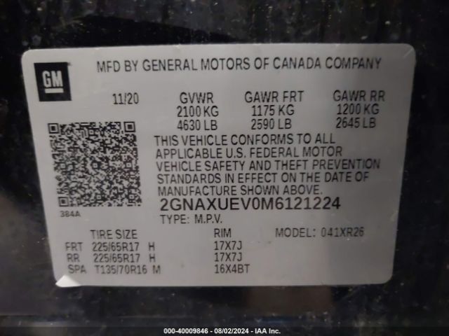 Photo 8 VIN: 2GNAXUEV0M6121224 - CHEVROLET EQUINOX LT 