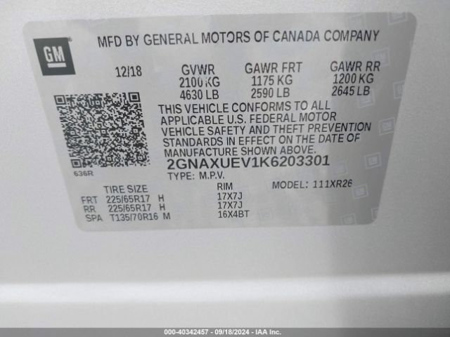 Photo 8 VIN: 2GNAXUEV1K6203301 - CHEVROLET EQUINOX 