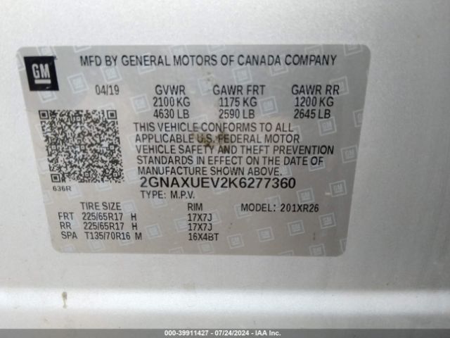 Photo 8 VIN: 2GNAXUEV2K6277360 - CHEVROLET EQUINOX 