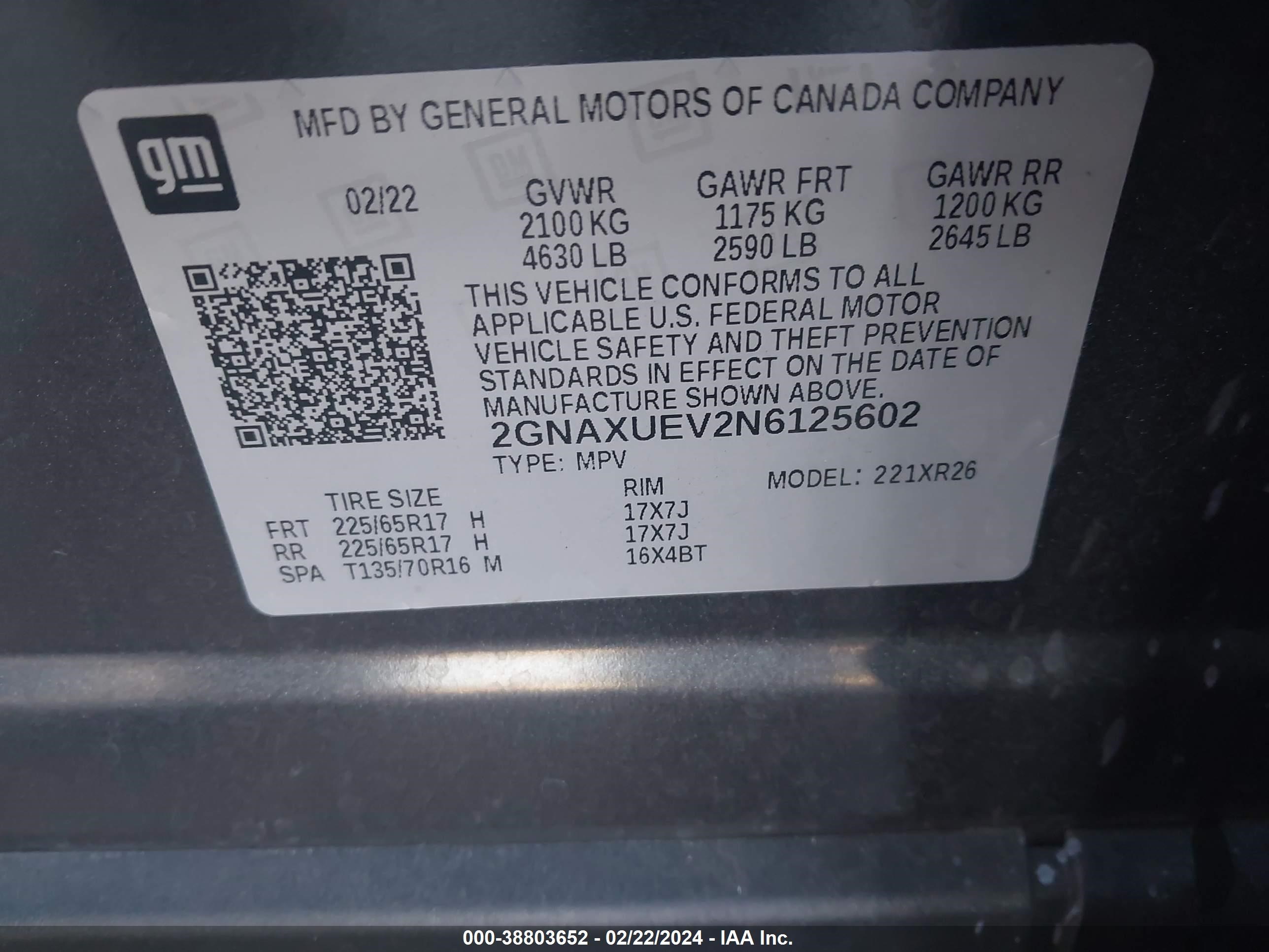 Photo 8 VIN: 2GNAXUEV2N6125602 - CHEVROLET EQUINOX 