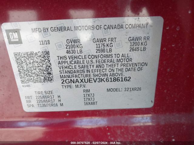 Photo 8 VIN: 2GNAXUEV3K6186162 - CHEVROLET EQUINOX 