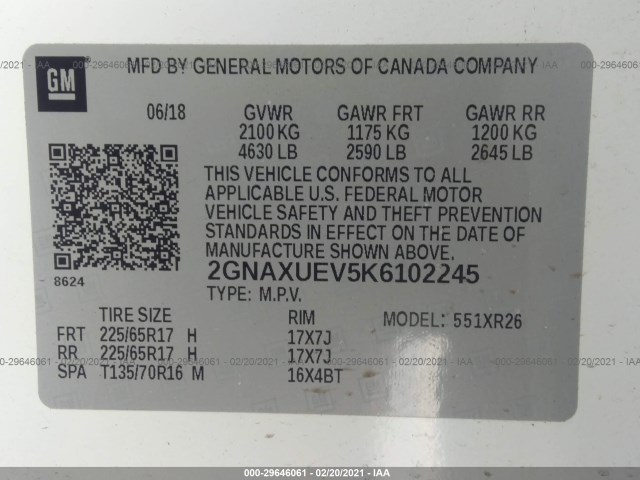 Photo 8 VIN: 2GNAXUEV5K6102245 - CHEVROLET EQUINOX 