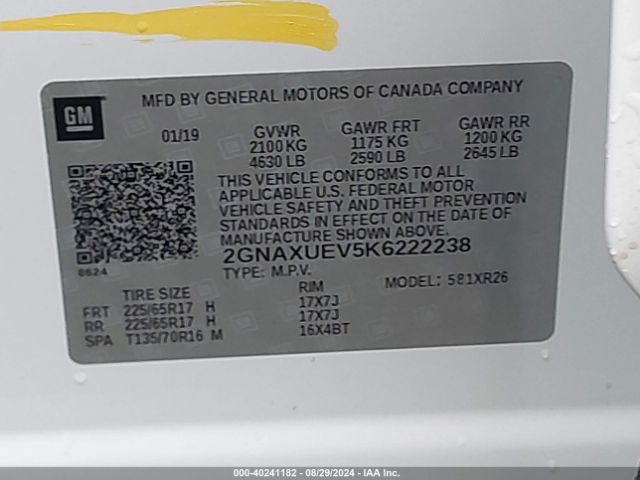 Photo 8 VIN: 2GNAXUEV5K6222238 - CHEVROLET EQUINOX 