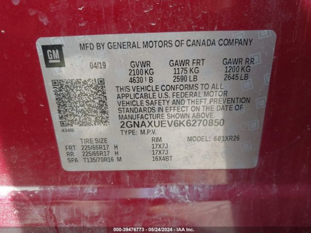 Photo 8 VIN: 2GNAXUEV6K6270850 - CHEVROLET EQUINOX 