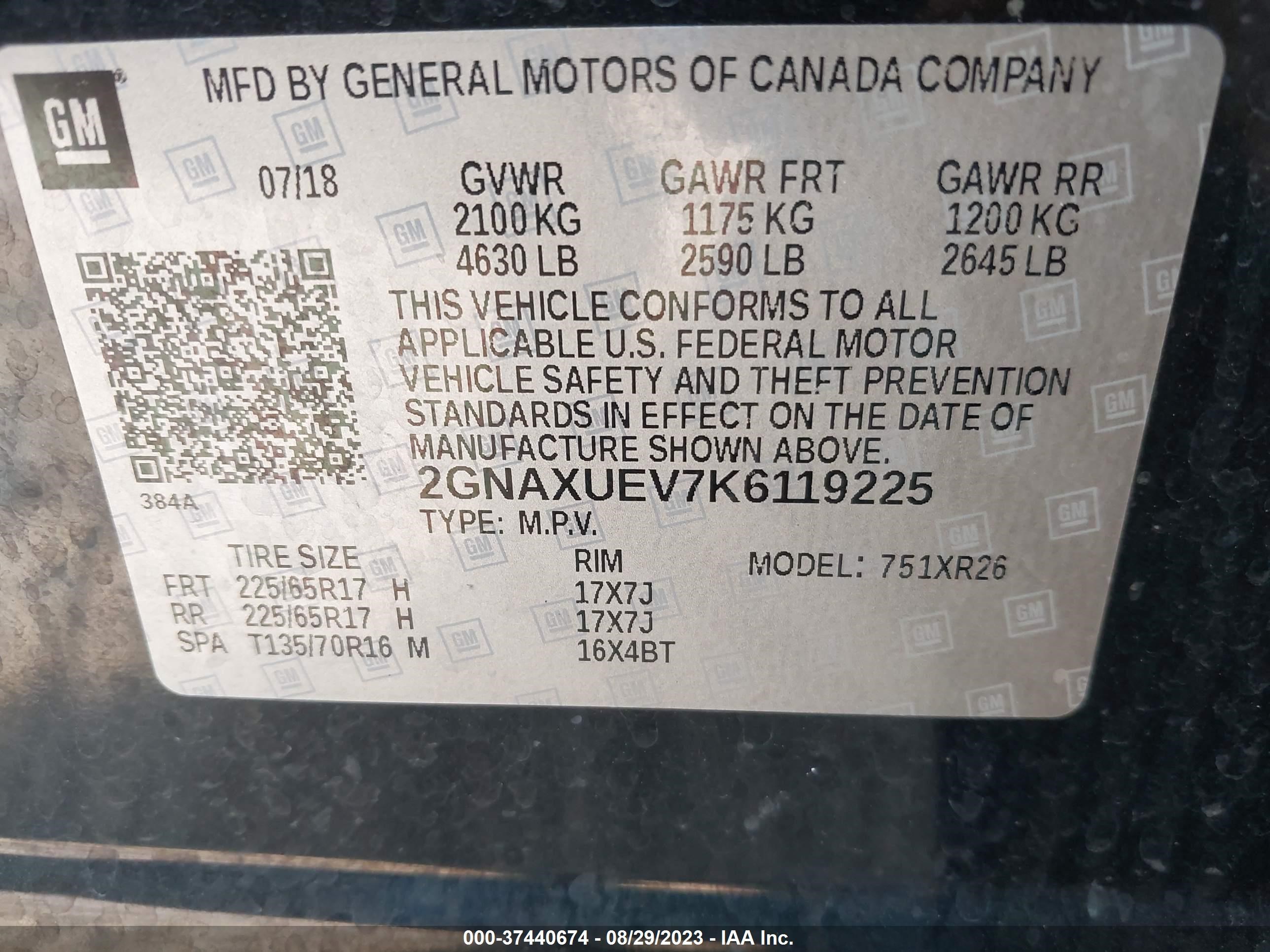 Photo 8 VIN: 2GNAXUEV7K6119225 - CHEVROLET EQUINOX 