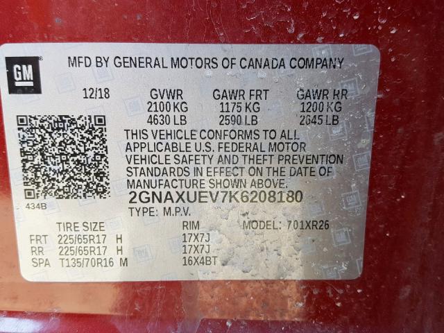 Photo 9 VIN: 2GNAXUEV7K6208180 - CHEVROLET EQUINOX LT 