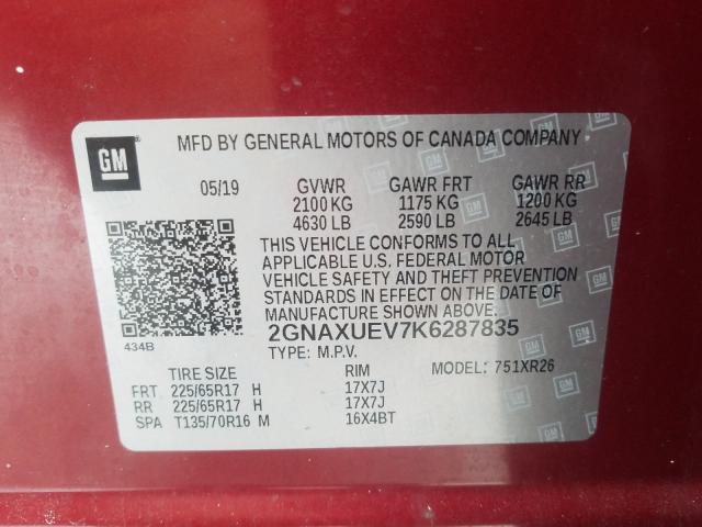 Photo 9 VIN: 2GNAXUEV7K6287835 - CHEVROLET EQUINOX LT 