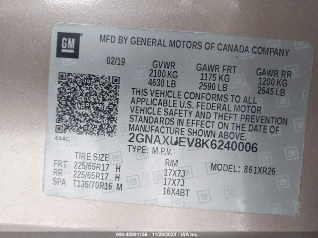 Photo 8 VIN: 2GNAXUEV8K6240006 - CHEVROLET EQUINOX 