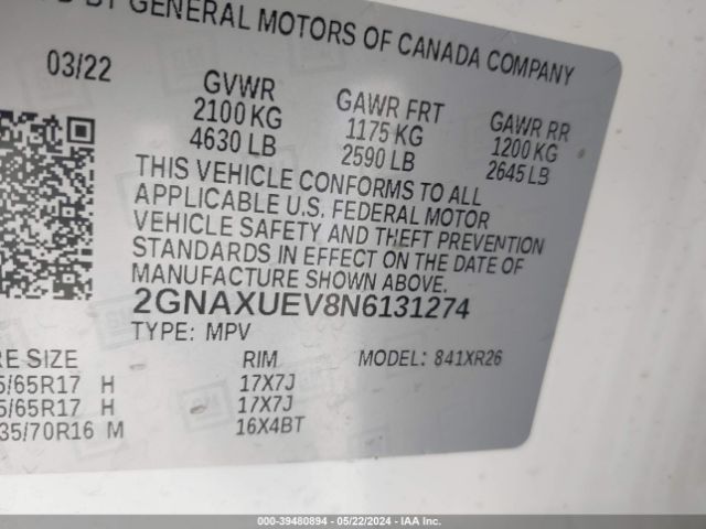 Photo 8 VIN: 2GNAXUEV8N6131274 - CHEVROLET EQUINOX 