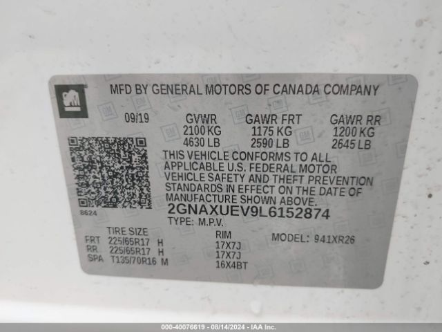 Photo 8 VIN: 2GNAXUEV9L6152874 - CHEVROLET EQUINOX 