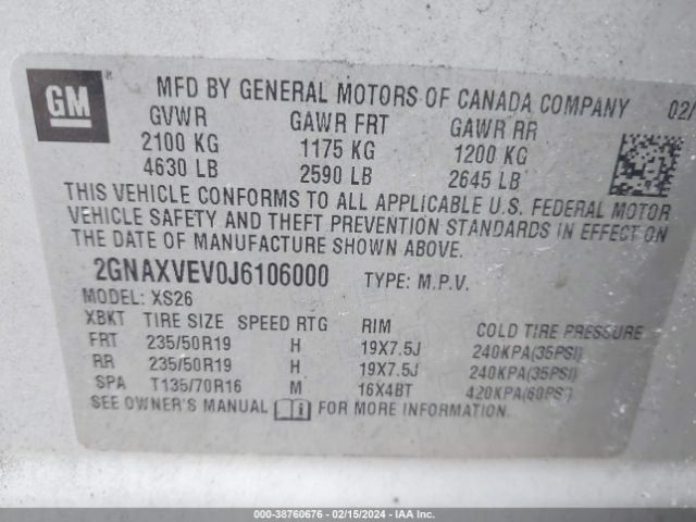 Photo 8 VIN: 2GNAXVEV0J6106000 - CHEVROLET EQUINOX 