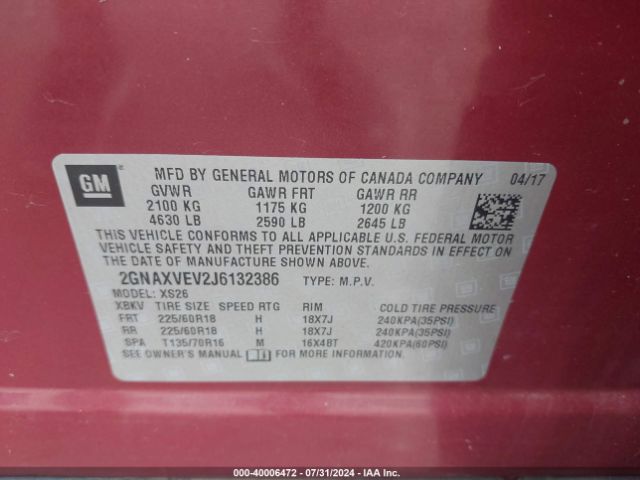 Photo 8 VIN: 2GNAXVEV2J6132386 - CHEVROLET EQUINOX 