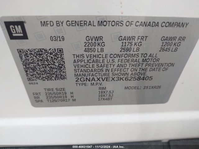 Photo 8 VIN: 2GNAXVEX3K6258405 - CHEVROLET EQUINOX 