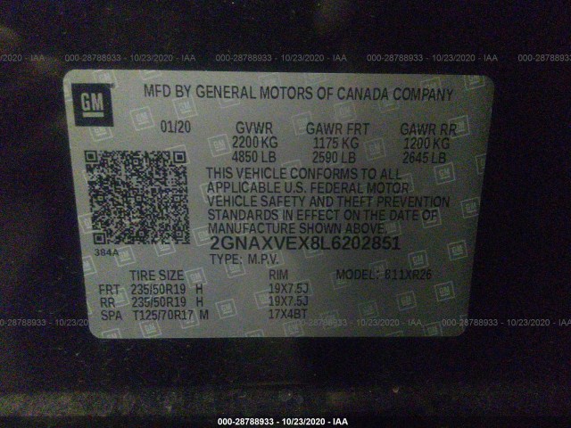 Photo 8 VIN: 2GNAXVEX8L6202851 - CHEVROLET EQUINOX 