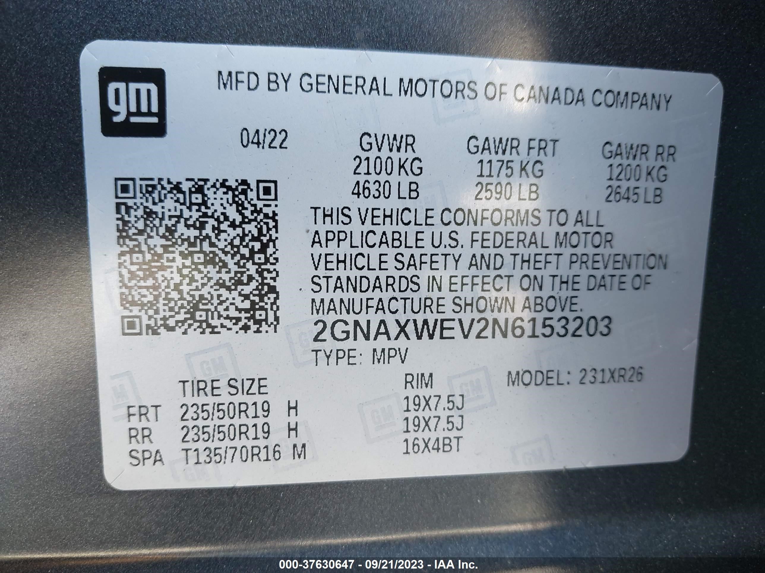 Photo 8 VIN: 2GNAXWEV2N6153203 - CHEVROLET EQUINOX 