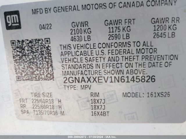 Photo 8 VIN: 2GNAXXEV1N6145826 - CHEVROLET EQUINOX 