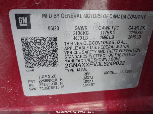 Photo 8 VIN: 2GNAXXEV3L6249022 - CHEVROLET EQUINOX 